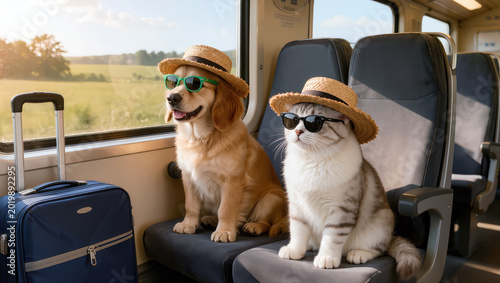 Funny dog and cat in sunglasses traveling together by train with luggage. Humorous summer vacation adventure concept for travel lovers