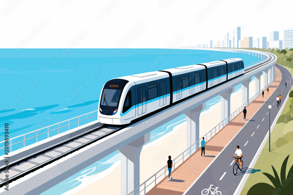 Fototapeta premium Modern Coastal Train Transportation Vector Illustration, futuristic railway travel along tropical seaside with clean public transit concept