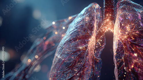 3d human lungs with glowing bronchial tree isolated on transparent background