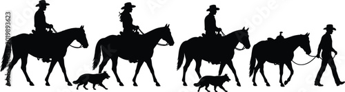 Bild auf Leinwand Black silhouette of cowboys riding horses with ranch dogsBlack silhouette of cow