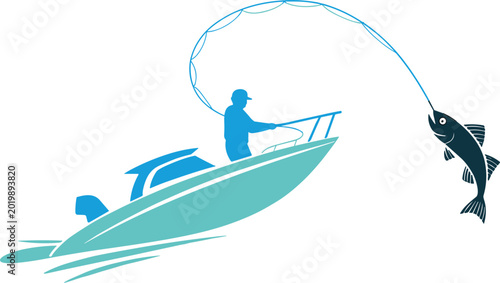 Foto Fisherman on motorboat catching a large fish in water