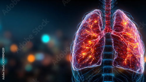3d human lungs glowing with energy lines isolated on transparent background
