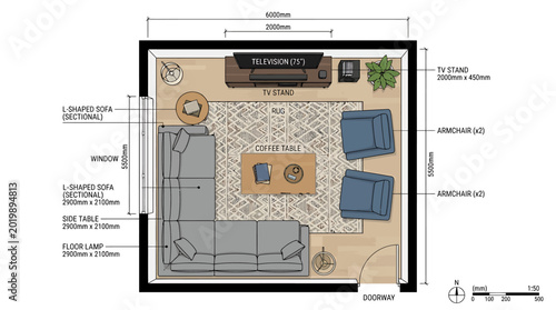 floor plan, interior design, living room, layout, architectural drawing, top view, l-shaped sofa, armchair, coffee table, tv stand, television, rug, floor lamp, side table, dimensions,