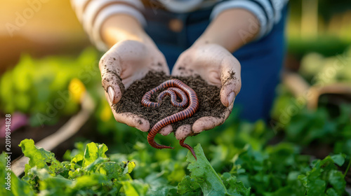 Close-up of dirty farmer hands holding dark fertile soil with live earthworms.