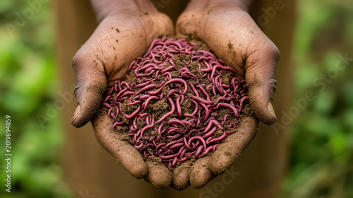 Close-up of dirty farmer hands holding dark fertile soil with live earthworms.