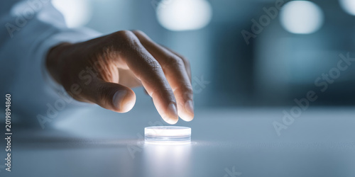 Hand pressing illuminated button on surface