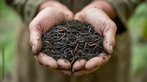 Close-up of dirty farmer hands holding dark fertile soil with live earthworms.