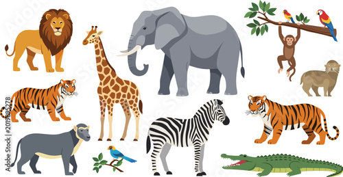 Photography Wildlife Animals Set Featuring Lion, Elephant, Giraffe, Tiger, Gorilla, Crocodile, and Tropical Birds for Nature and Jungle Illustrations
