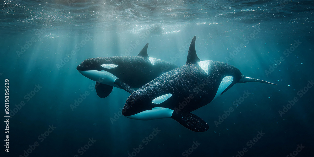 Obraz premium Two Orcas Swimming in Ocean with Sunlight