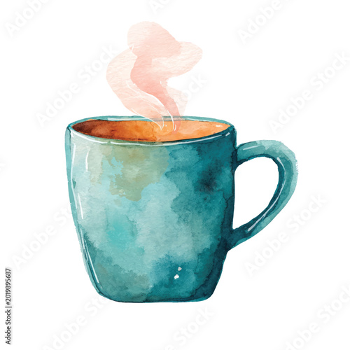 Steaming hot blue coffee mug cup.