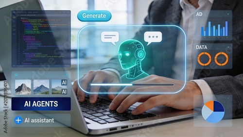 AI agent generation and artificial intelligence concept with a robot head, chat bubbles, and data charts on a laptop screen representing automation, machine learning, technology,