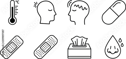 Collection of simple line representing illness symptoms and remedies thermometer celsius fever headache