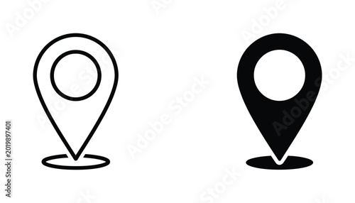 Free Download Location pin map marker icon vector illustration in minimalist line art and solid black silhouette styles for navigation and travel design projects isolated on white background - GFXLoad