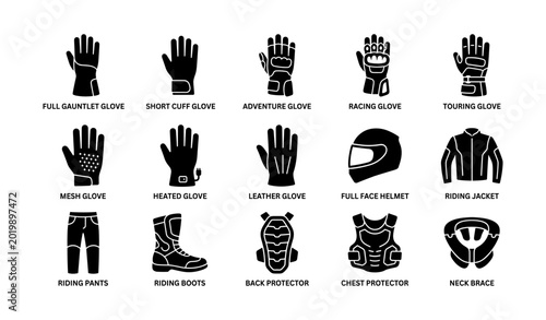 Motorcycle protective gear icons showing gloves helmet and armor