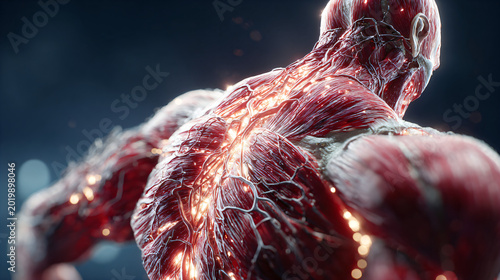 3d rendering of muscular human back anatomy with nerves isolated on transparent background