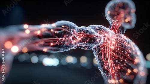 3d human muscular system anatomy with glowing nerves isolated on transparent background