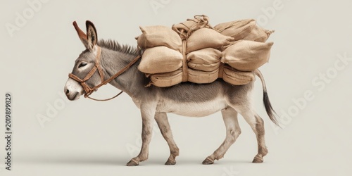 A donkey carrying bags, symbolizing hard work and transport, possibly related to harvest season.