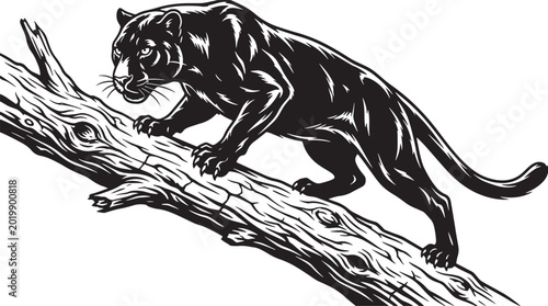 Black panther prowling on a tree branch woodcut style vector illustration