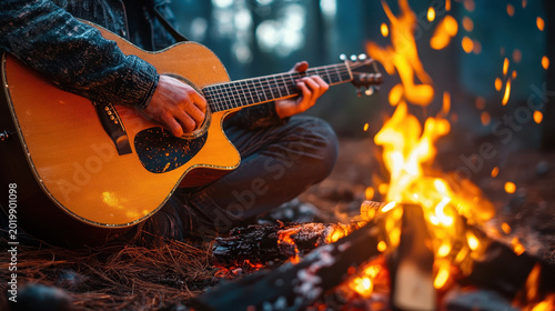 Close-up of hands playing acoustic guitar by a glowing campfire at night outdoors.