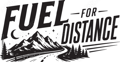 Photos Fuel for Distance - Inspirational Logo Design: A motivational emblem for endurance, illustrating a path towards a mountainous horizon, reflecting a journey towards achieving goals