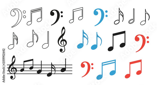 Musical notes and symbols collection on white background