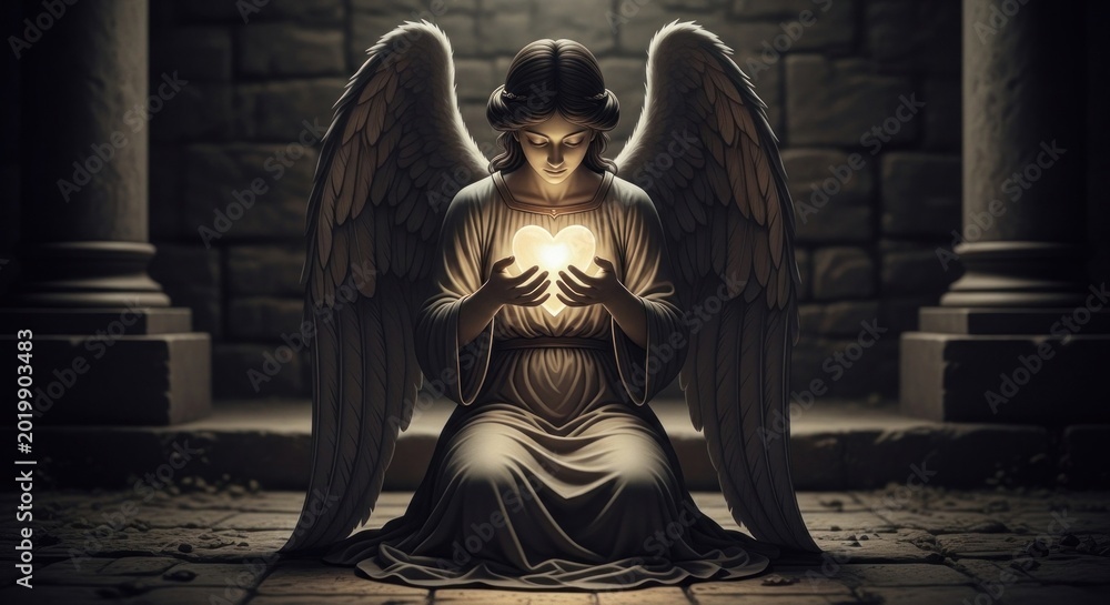 Fototapeta premium Serene Angel Holding Glowing Heart in Ancient Stone Sanctuary.