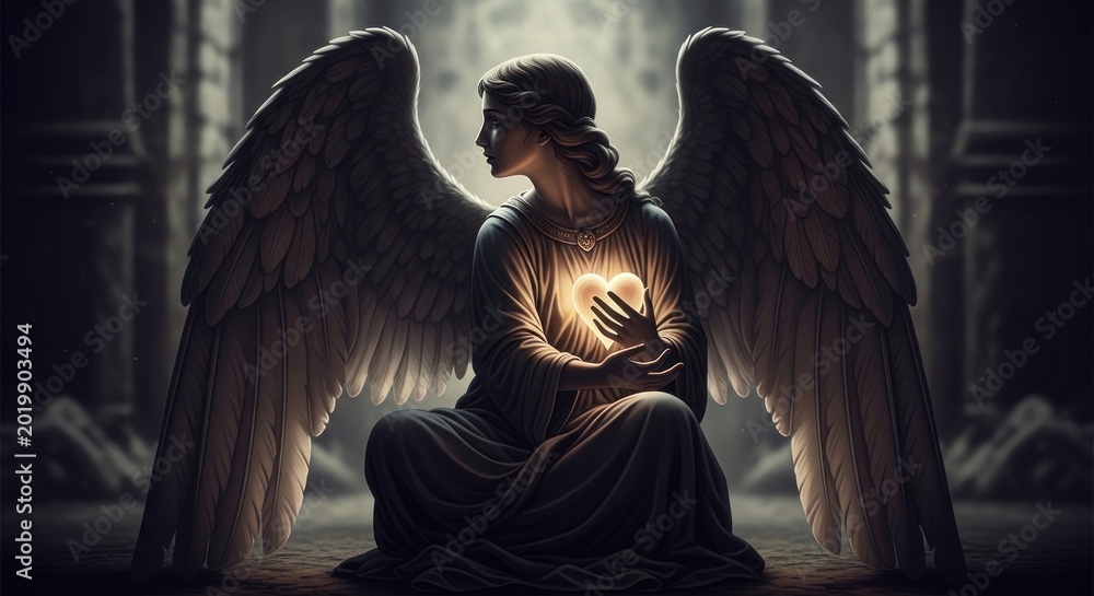Obraz premium Serene Angel Holding Glowing Heart in Sacred Temple.