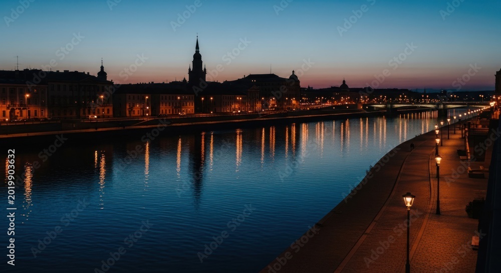 Fototapeta premium Serene River Cityscape at Twilight with Reflecting Lights.