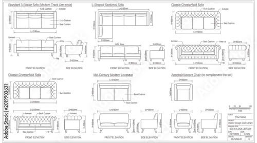 cad blocks, sofa, couch, furniture, technical drawing, interior design, blueprint, architectural plan, top view, front view, side view, dimensions, sectional, loveseat, 3-seater, modern, 