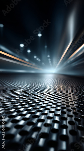 Futuristic metallic surface with perforated texture illuminated by dramatic lights, creating a dynamic abstract background. Modern technology and innovation are visually represented