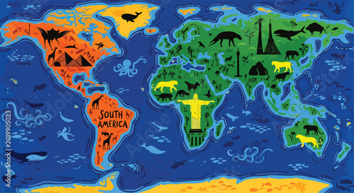 Canvas Print Colorful world map with animal silhouettes