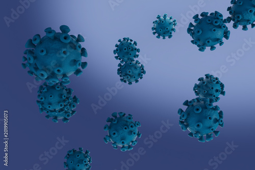 Virus particles floating in a digital space with a purple background under soft lighting during a scientific representation