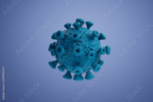 Virus structure shown in detail with spikes in blue color on a light background in a 3D graphic