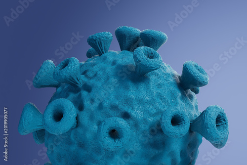 Detailed view of a virus structure in a lab setting with a blue background and scientific focus on its features