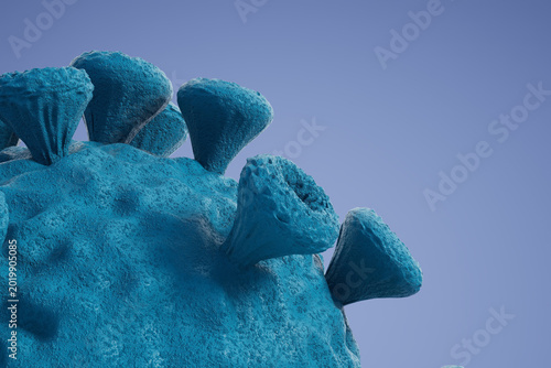 Blue virus structure showing spikes and surface details in a digital representation during a scientific study about disease