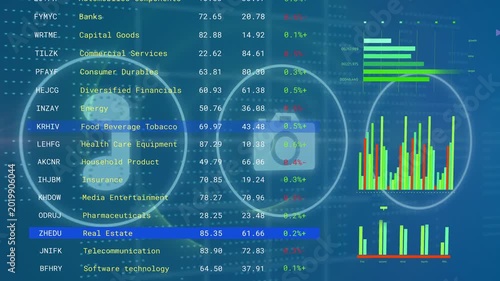 On load, vertical sector list scanning rows, HUD rings pulsing, charts updating to show performance