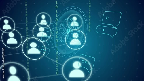Chat bubble appearing near central AI core, spurring avatars forming and linking via binary streams