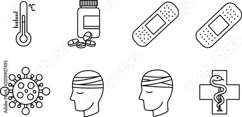 Medical thermometer, pills, bandages, virus, head injury, caduceus celsius temperature