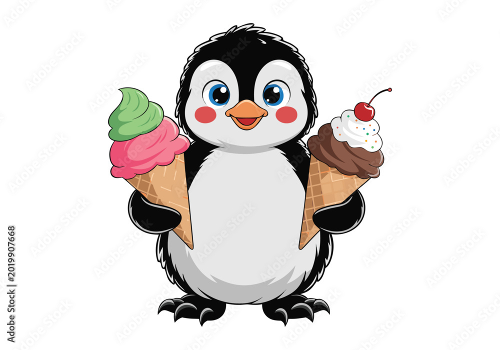 Fototapeta premium Cute penguin chef holding a delicious pink cake with cherry on top vector,