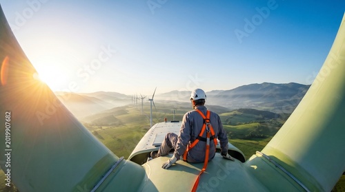 Engineer on wind turbine blade at sunrise, overlooking a renewable energy farm, embodying sustainable technology and the future of clean power generation
