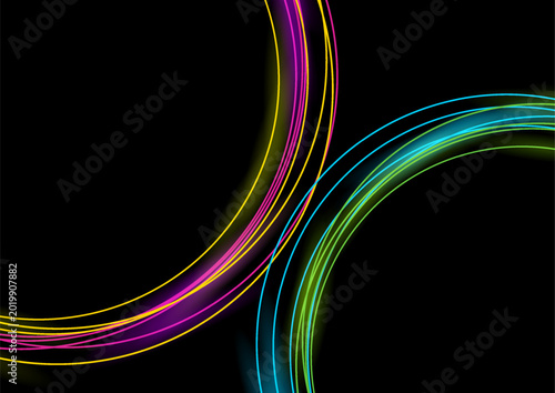 Colorful neon glowing shiny linear circles abstract background. Vector futuristic design