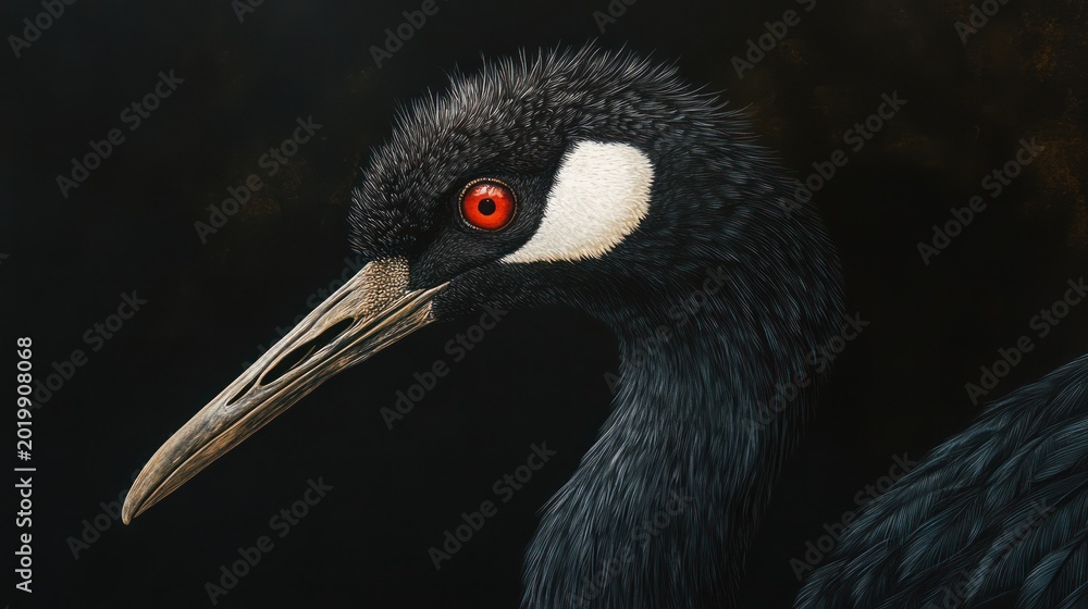 Obraz premium Close-up profile of a black crane against dark background