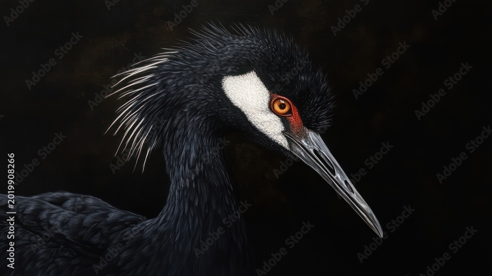 Obraz premium Black crane portrait against dark background. Possible use Stock photo for nature, wildlife, or bird lover themes