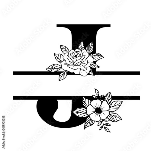 Letter J Floral Split Monogram SVG Rose Flower Initial Design for Cricut Silhouette Personalized Gifts