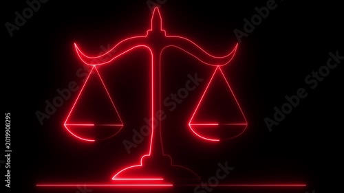 Glowing neon line Scales of justice icon isolated on black background. Court of law symbol. Balance scale sign. animation