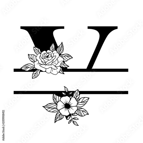 Letter V Floral Split Monogram SVG Rose Flower Initial Design for Cricut Silhouette Personalized Gifts