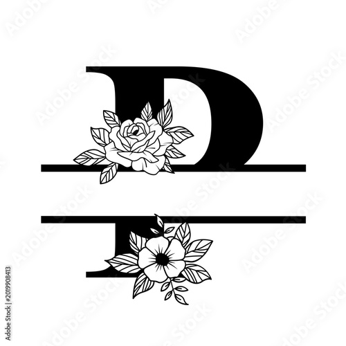 Letter D Floral Split Monogram SVG Rose Flower Initial Design for Cricut Silhouette Personalized Gifts