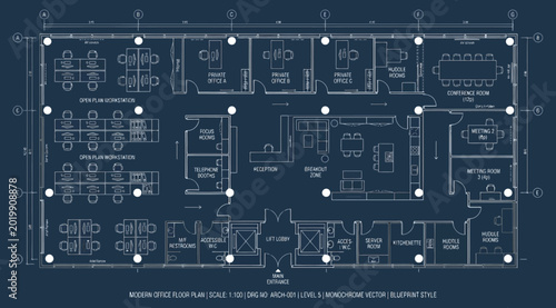 Fotografie Blueprint style modern office floor plan with open workstations, private offices