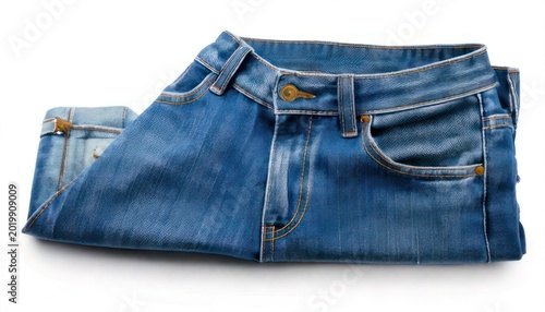 Folded blue denim jeans on a white background, studio shot.