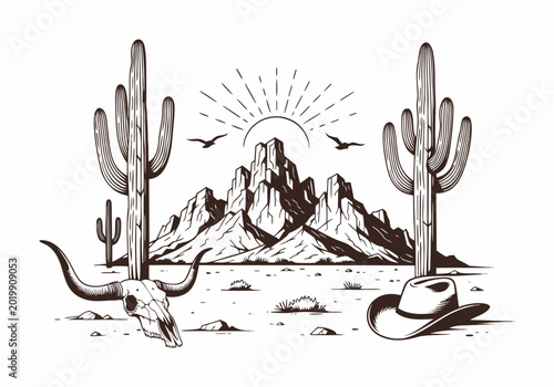 Canvas-taulu Desert cactus western landscape hand drawn vector illustration,